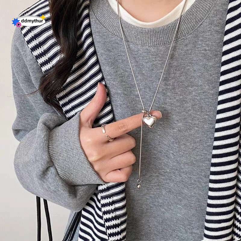 Stainless Steel Long Necklace with Heart Pendant Adjustable Chain Sweater Jewelry for Women Accessories ddmythur