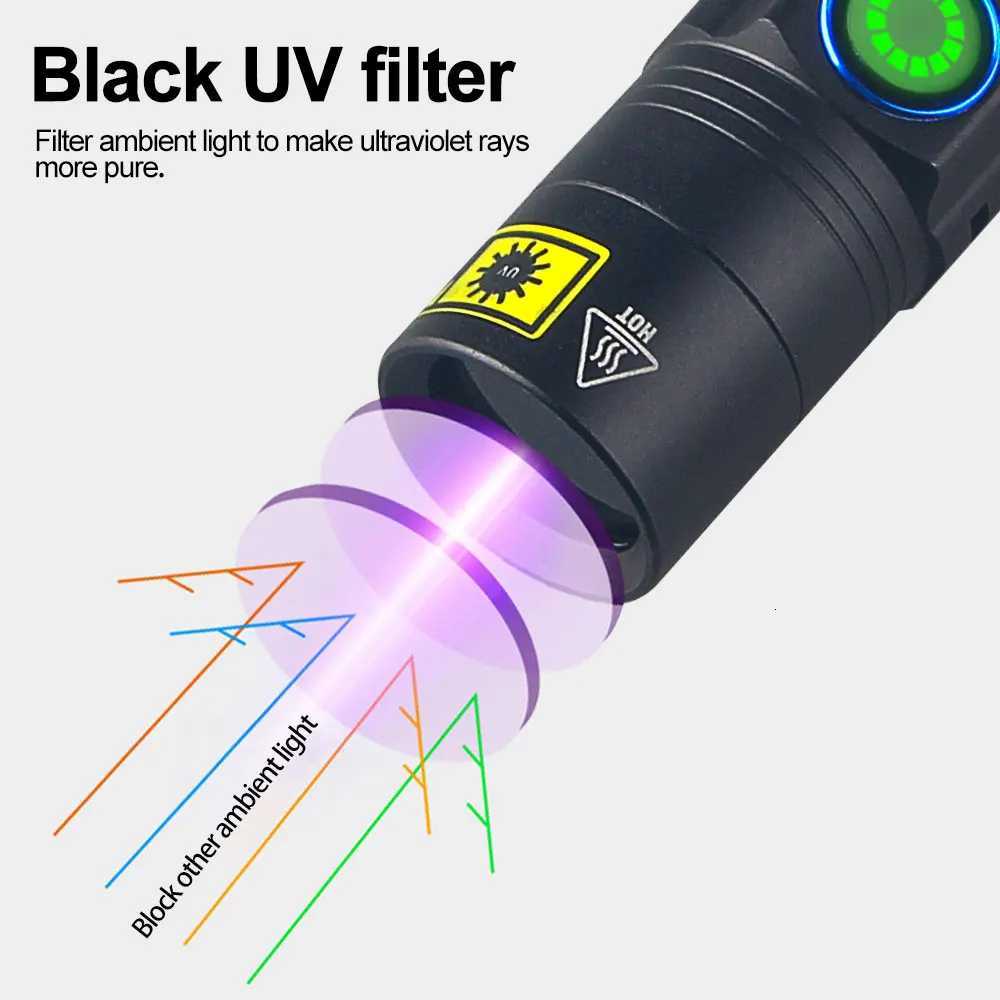 Mini UV Flashlight 365nm 395NM Ultraviolet Blacklight USB Rechargeable Purple Linternas Carpet Pet Urine Detector Catch Scorpion M251117