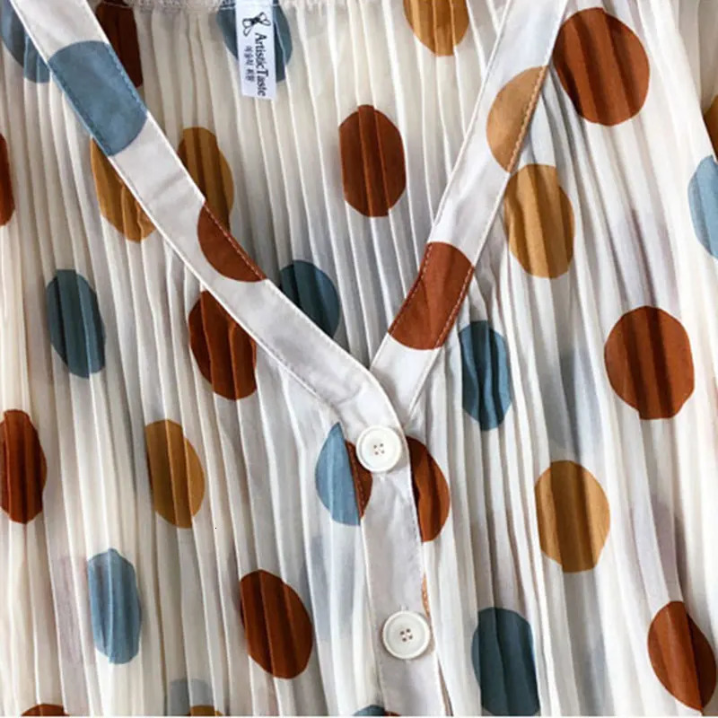 Polka Dot Casual V-Neck Chiffon Single Breasted Lantern Sleeve Folds Womens Blouse Shirt Female Clothing Tops Fashion 250417