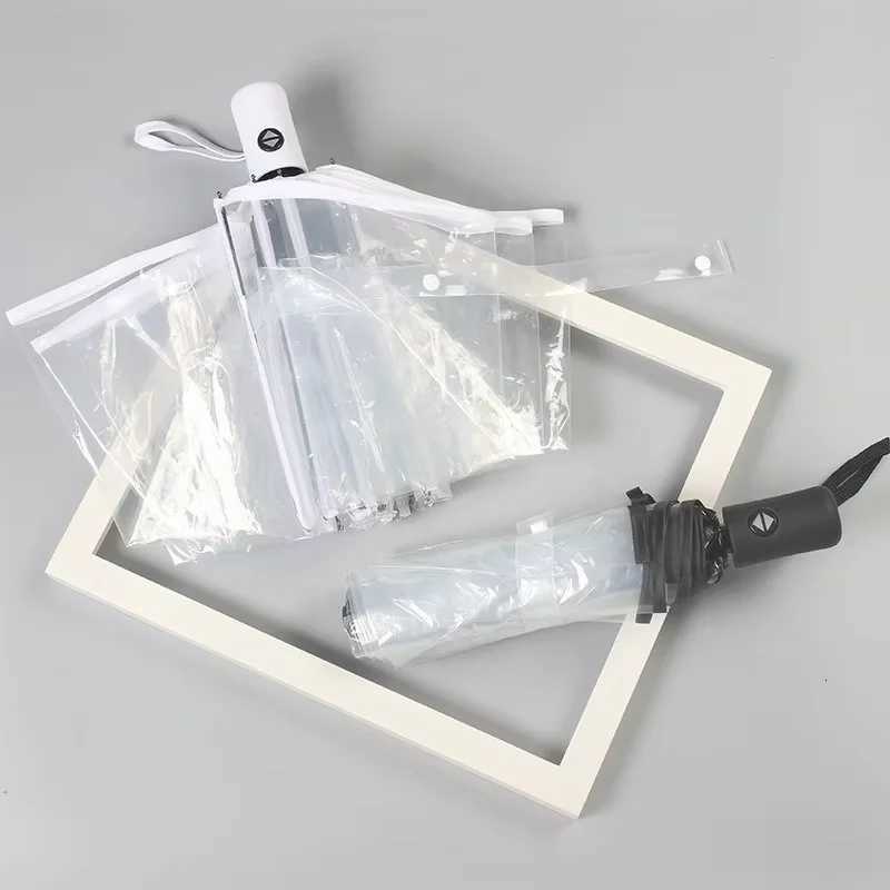 Student minimst transparent folding umbrella fully automatic transparent three-fold umbrella windproof and rainproof C251117