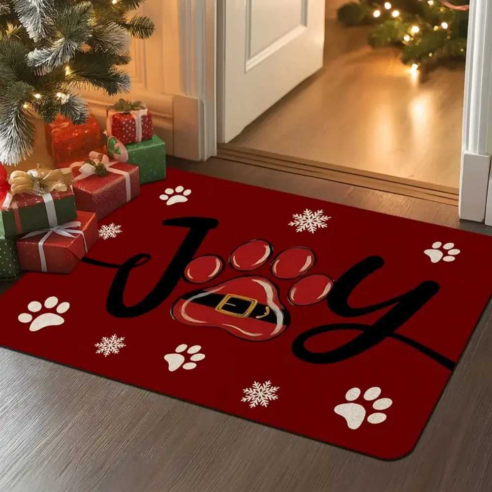 1 pcs Christmas Red Paw Print and Snowflake JOY Pattern Doormat Machine Washable Perfect for Entrance Living Room HallwayM251117