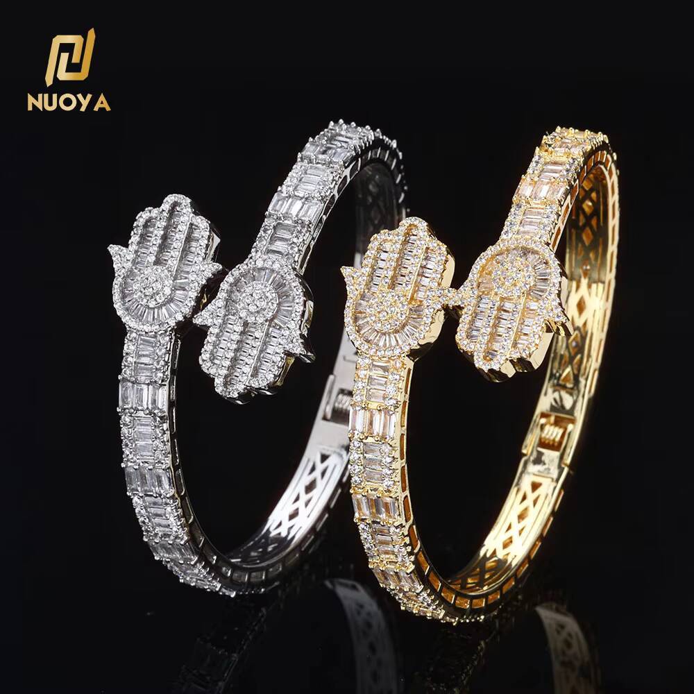 Moissanite Hip Hop Jewelry Micro Pave Baguette CZ Stone Iced Out Hamsa Hand Charm Bangle Bracelet for Men Women
