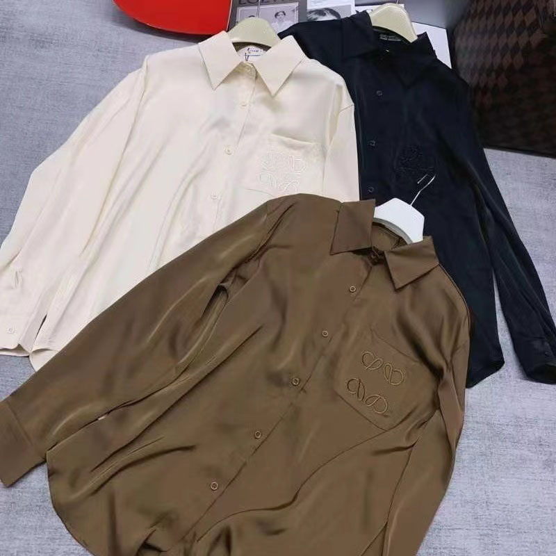 Designer Womens loose Blouses Long Shirts Anagram Silk and satin Classic Summer New paris T-Shirt Casual Long Sleeve Tops Femme Pocket Letter Embroidery