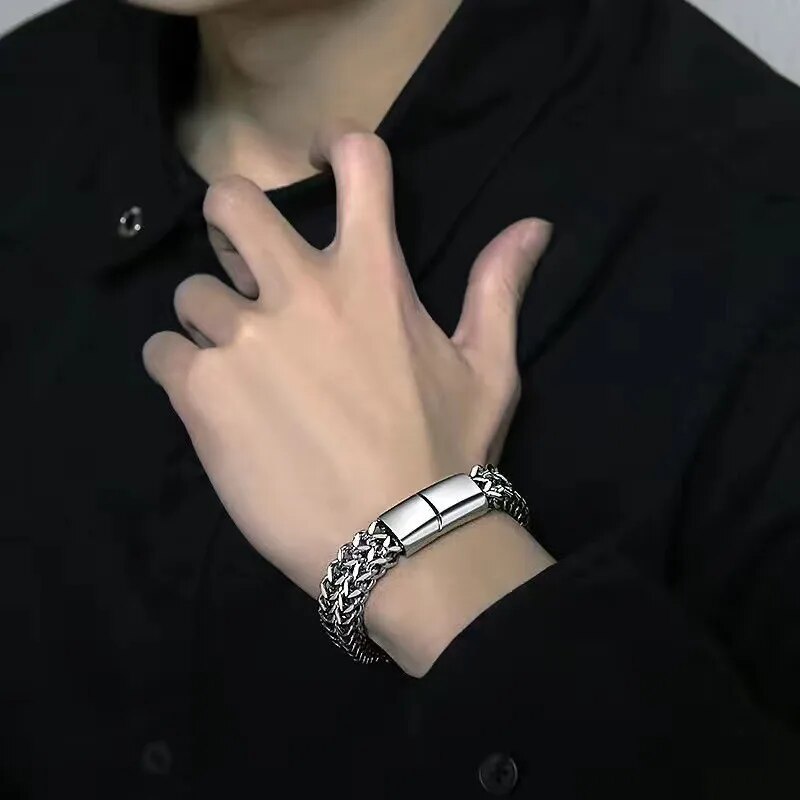 Elegant Two-Tone Stainless Steel Bracelet with Fish Scale Pattern & Secure Magnetic Lock