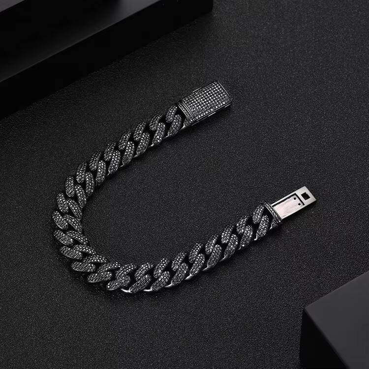 Luxury Men Prong Settling 12mm Miami Cuban Bracelet 3 Rows Black Gold Men Moissanite Cuban Link Chain in 925 Silver