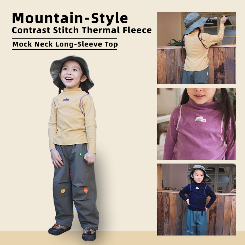 Mountain-Style Contrast Stitch Thermal Fleece Mock Neck Long-Sleeve Top, Wear-Resistant Lightweight Breathable Soft Outdoor Hiking Sweatshirt 25AG1135