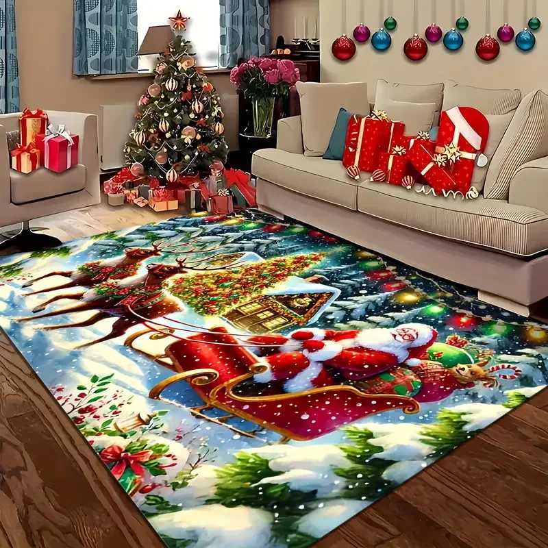 1PC Christmas Theme Sleigh Santa Claus Pattern Rug for Bedroom Living Room Dining Room Entrance Hall Outdoor Patio Area RugM251117