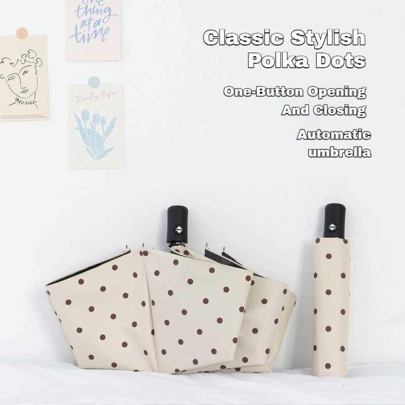 Automatic Folding Polka Dots Umbrella Black Glue Simple UV Protection Sun Rain Outdoor Travel Daily Commute Lightweight Portable C251117