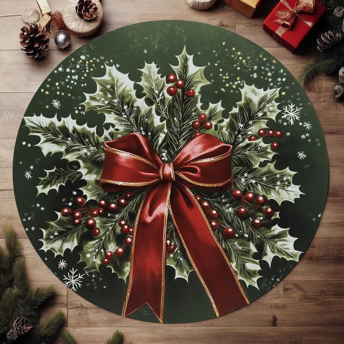 Festive Holly Berries Round Christmas Rug Washable Non-Slip Floor Mat for Bedroom Bathroom Holiday Home DecorM251117