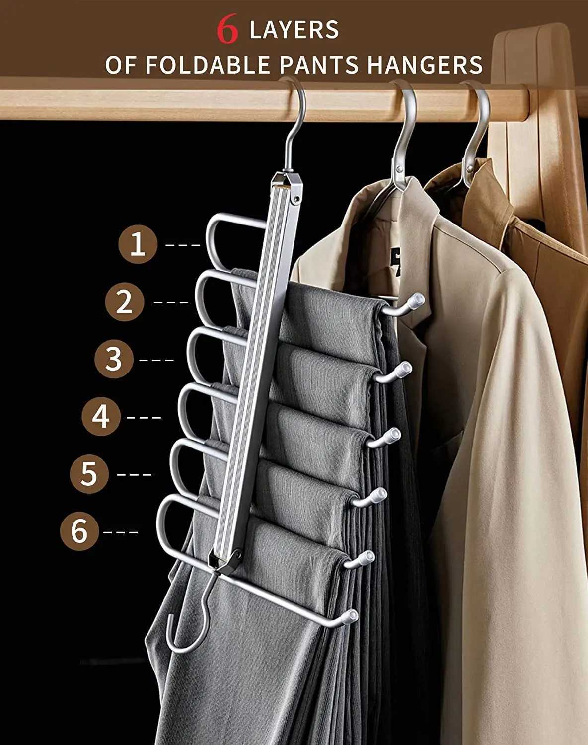 6 Layers Aluminum Pants HangersSpace Saving Jeans Scarf OrganizerMulti-Functional Closet Heavy Rack for Slacks Skirt Trousers C251117