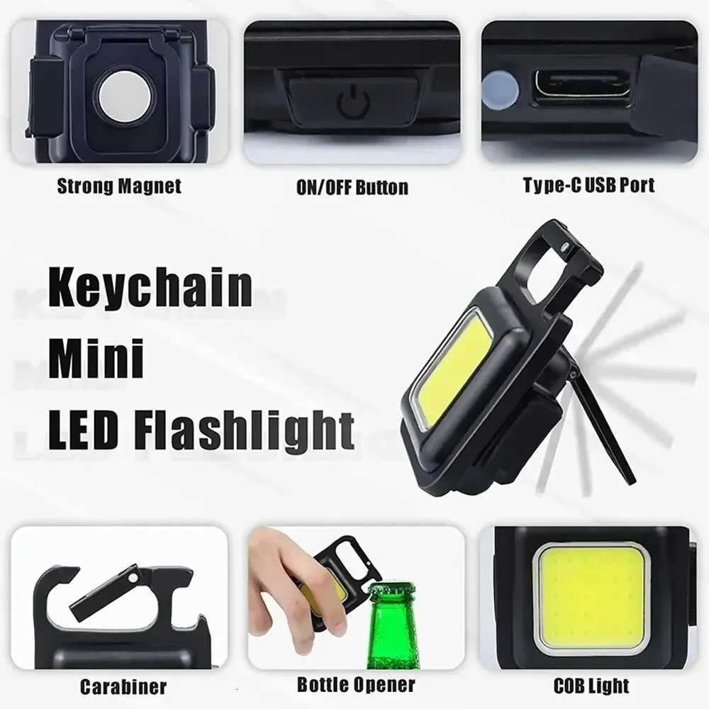 Mini COB Work Light High Power LED Flashlight Keychain 4 Modes LED Strong Lantern Magnet USB Rechargeable Outdoor Torch Camping M251117
