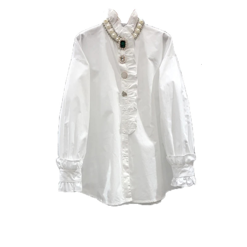 Spring Exquisite Rhinestone Beaded Ruffled Shirt for Women Long Lantern Sleeve Cotton Blusas Ladies White Blouses Loose Top 250415