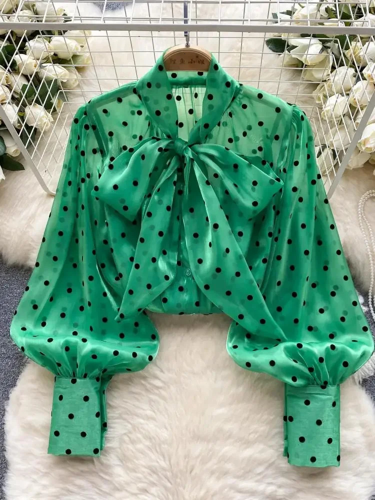 2025 Womens Vintage Festival Polka Dots Single Breasted Shirt Elegant Sweet Bow Long Sleeve Loose Office Ladies Blouses Tops 250417