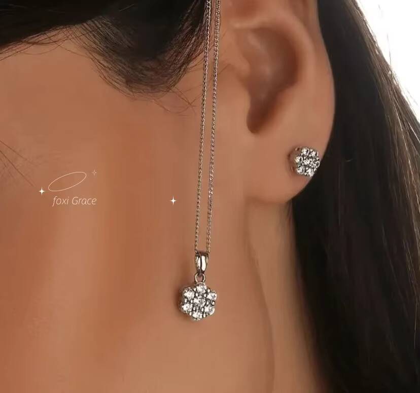 Luxury Bling Iced Out Cubic Zirconia Flower Pendant Hypoallergenic 925 Silver Jewelry Women Stud Earrings Necklace Sets