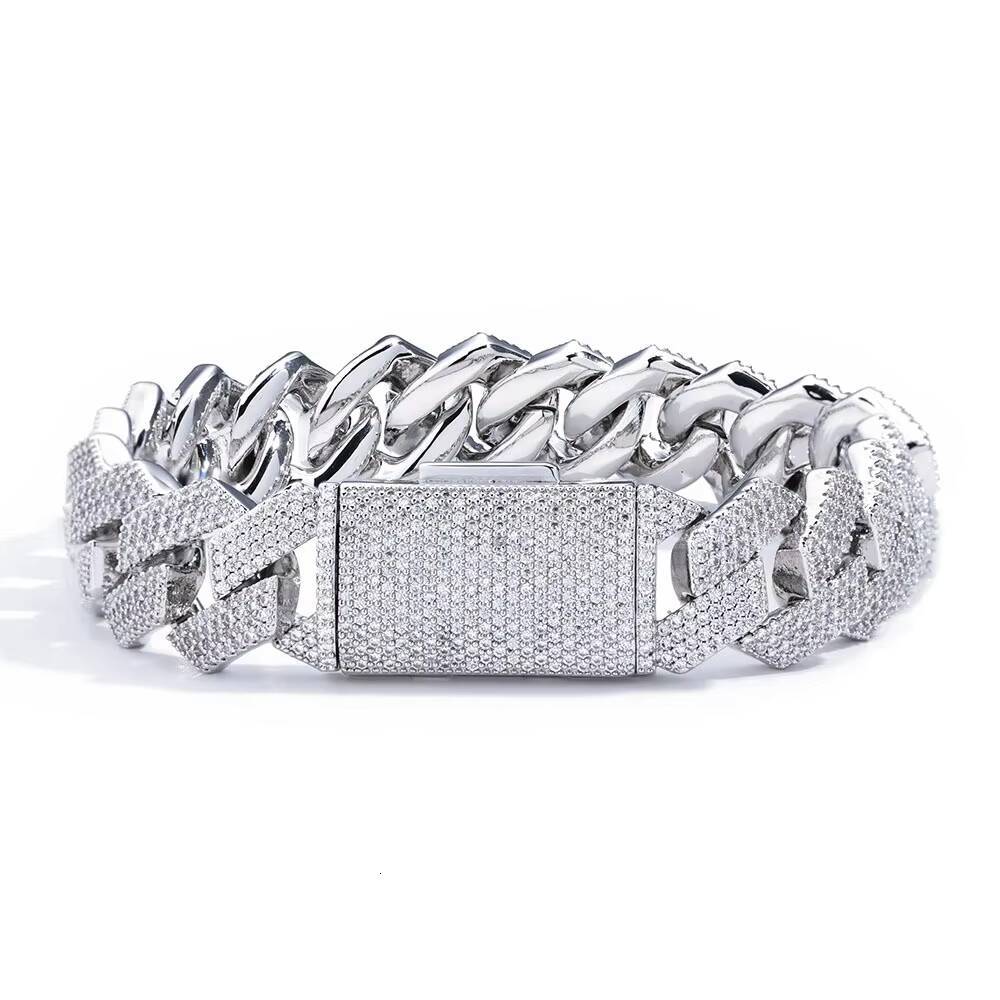 Hip Hop Jewelry 15mm Iced Out Moissanite Diamond Prong Cuban Chain Bracelet White Gold Prong Miami Cuban Link Chain for Men