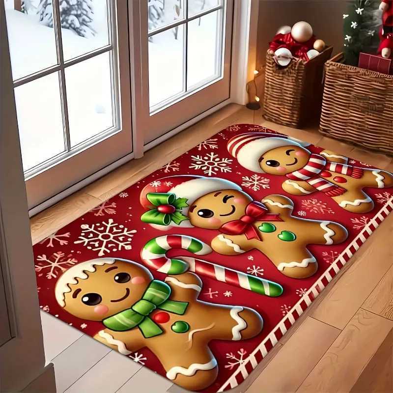 1pc Welcome Mat Bathroom Kitchen Mat with Cute Gingerbread-like Characters Red Non-Woven Floor Mat for Home Christmas DecorationM251117
