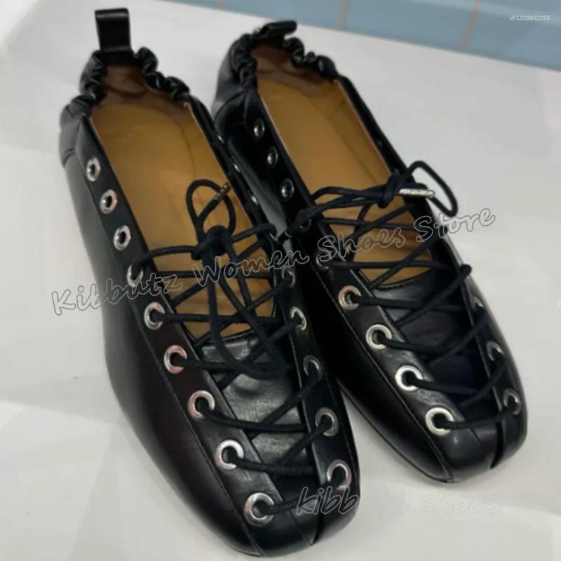 Dress Shoes Lace-Up Ballet Pumps Genuine Leather Solid Color New Fashion Elegant Hot Concise Sexy Party Women Square Toe Flat With