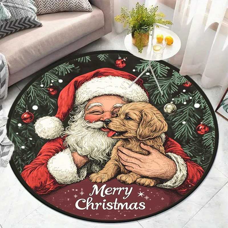 Santa Claus Hugging Dog Christmas Round Rug Crystal Velvet Floor Mat Holiday Decoration Xmas Gift Home Interior CarpetM251117