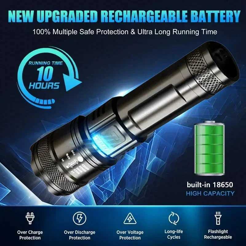 Powerful Flashlights Type C Rechargeable Zoom Torch Light High Power LED Flashlight Built-in Battery For Camping Emergency Lamp M251117