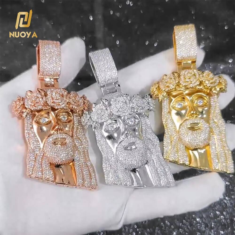 Moissanite Hip Hop Style Iced Out Diamond Jesus Pendant with Rose Custom Jewelry Gold Silver Plated Jesus Religious Christian Pendant Gift