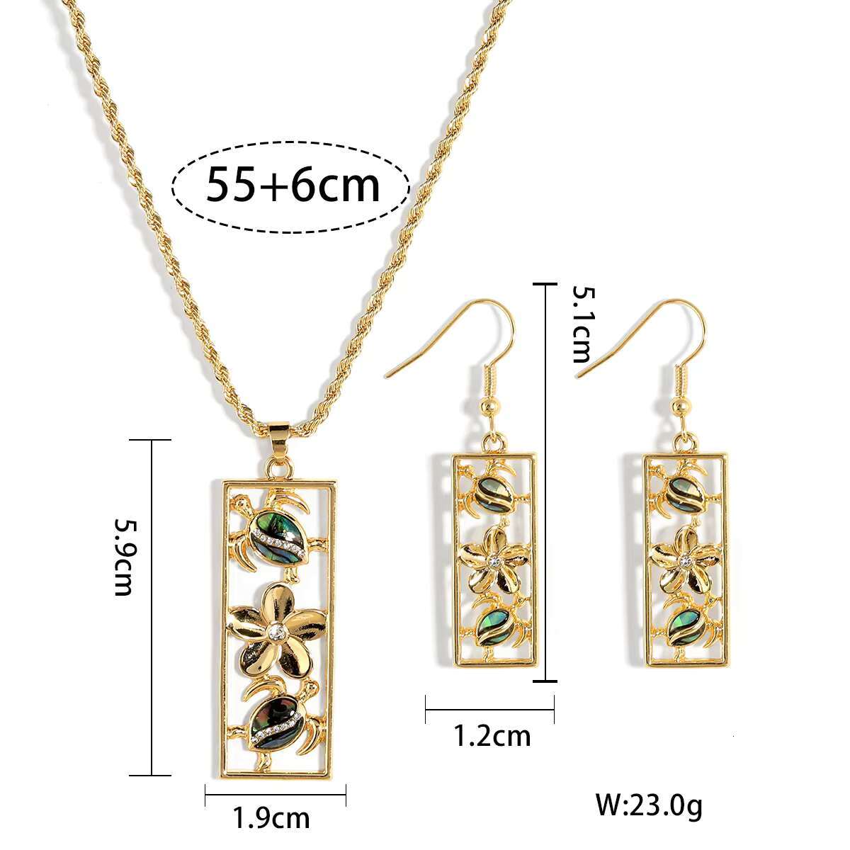 Hawaiian Samoa Bohemian style jewelry turtle design rectangular pendant necklace earring set for women