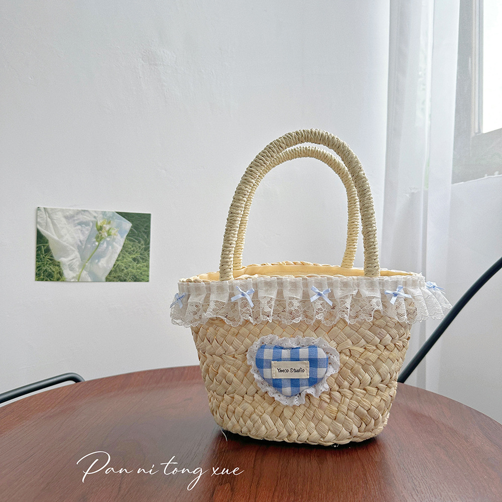Lightweight Summer Straw Woven Bucket Bag with Sweet Bow Pendant for Women