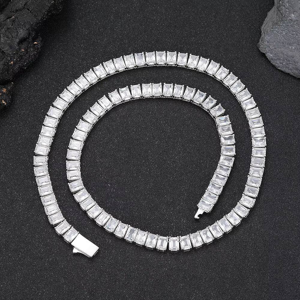 Moissanite Womens 18K Gold Plated Brass Tennis Chain Necklace 6mm Rectangular Zircon Hip Hop Fine Jewelry Tennis Chains Necklaces