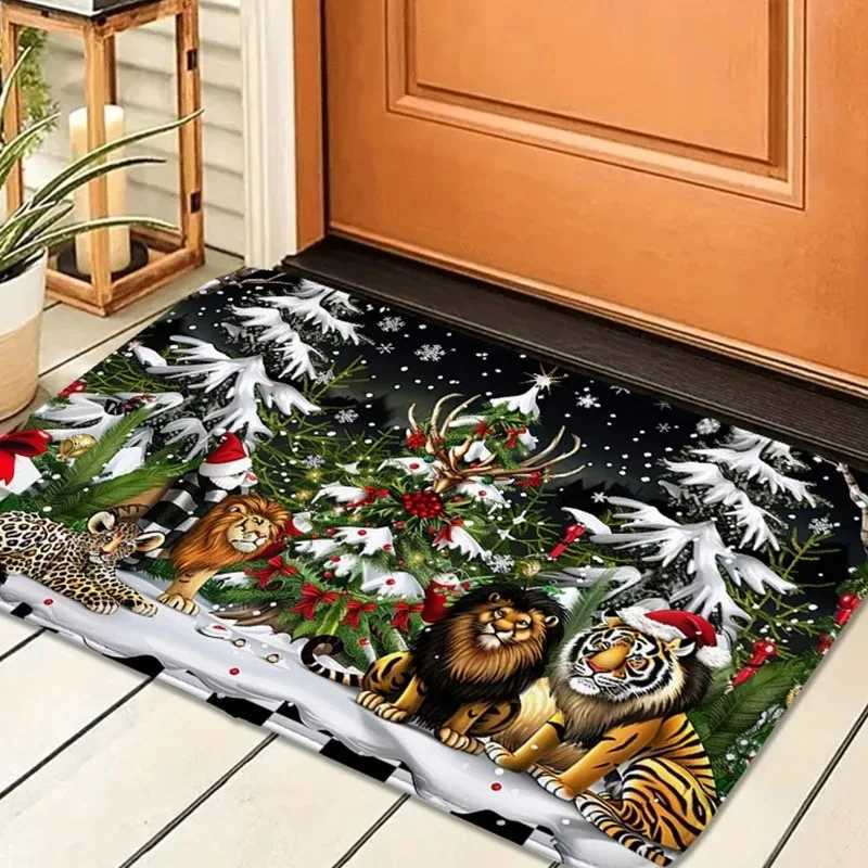 Christmas Lion and Tiger Print Decoration Flannel Door Mat Absorbent Foot Mat Small Floor Mat Machine Washable Carpet DecorationM251117