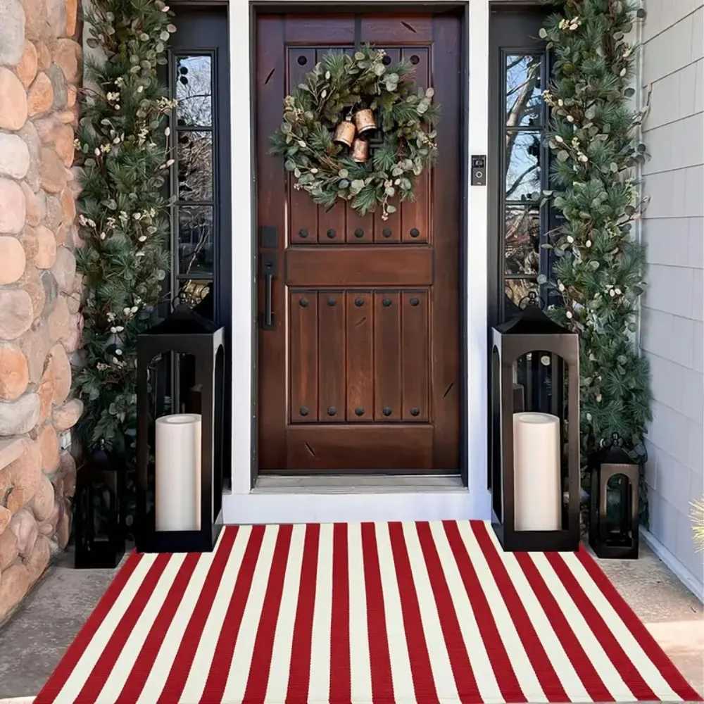 Christmas Red and White Stripe Outdoor Rug Layered Welcome Doormat Christmas Home Decor for Front Porch Decor Farmhouse DecorM251117