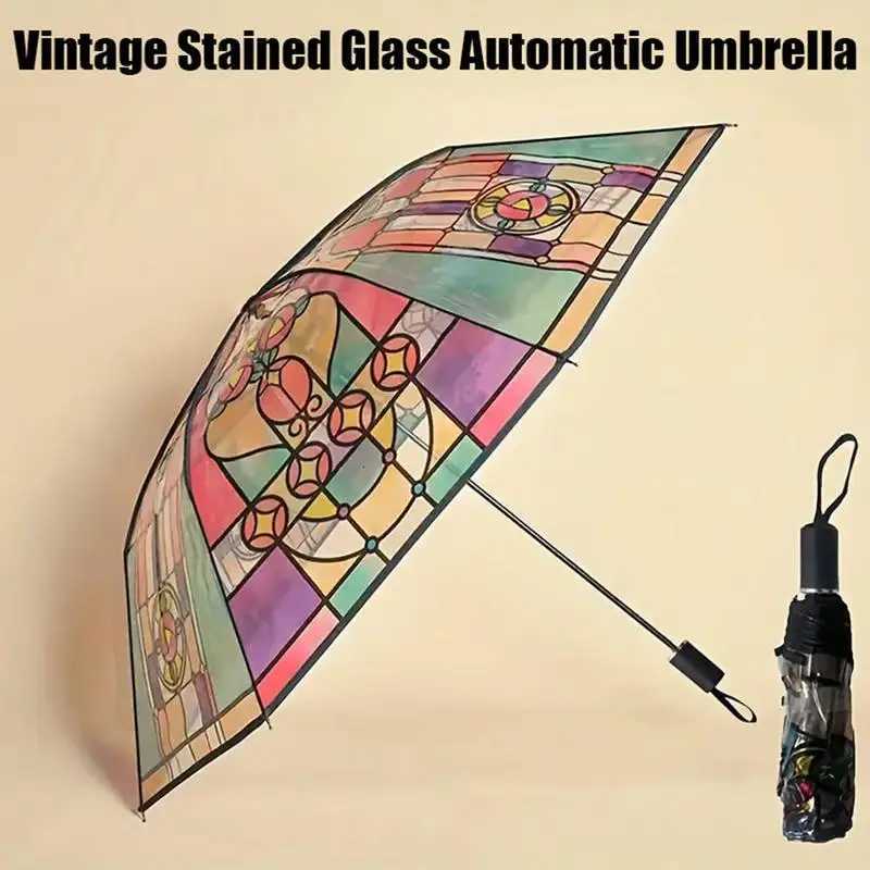 Vintage Stained Glass Automa Umbrella Glass Painted Transparent Vintage Parasol Portable Automatic Opening Folding Umbrella C251117