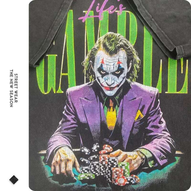 Joker T Shirt Hip Hop Vintage Washed Movie Old School Tops Tees Oversized T-shirt Short Sleeve Sweatshirts Man 100% Cotton