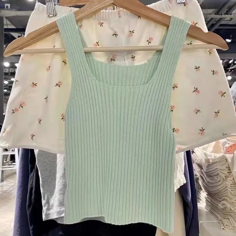 Knitting Square Collar Crop Top Woman Summer Camisole Slim Cotton Cropped Vests Casual Simple Streetwear Tank Tops Camis Chic 250417