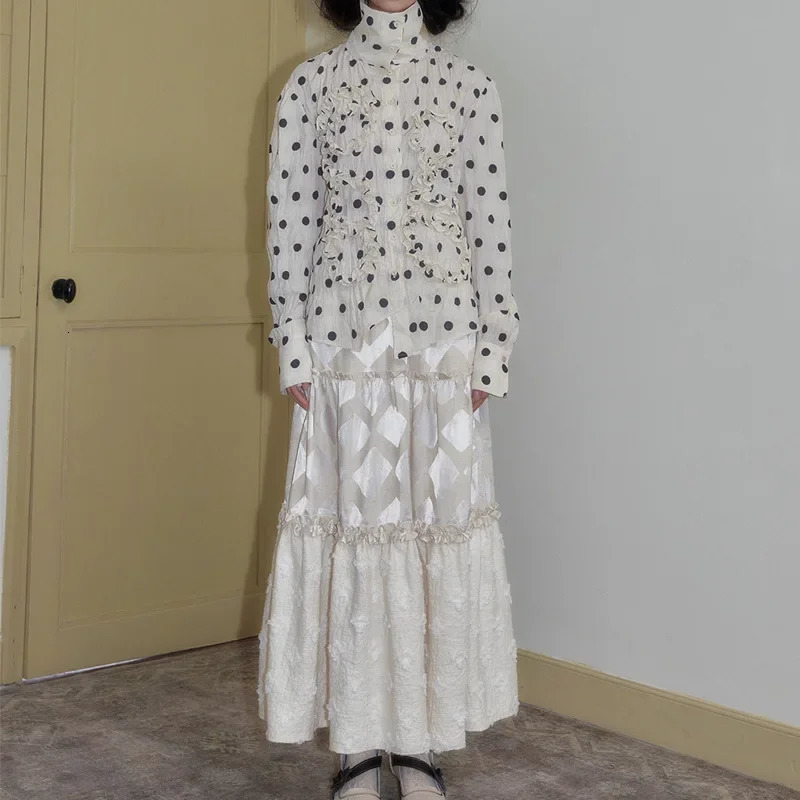 Jin Yi n Spring Autumn Style Beige Polka Dot Pleated Asymmetrical High Collar Large Turn Collar Shirt for Women 250417