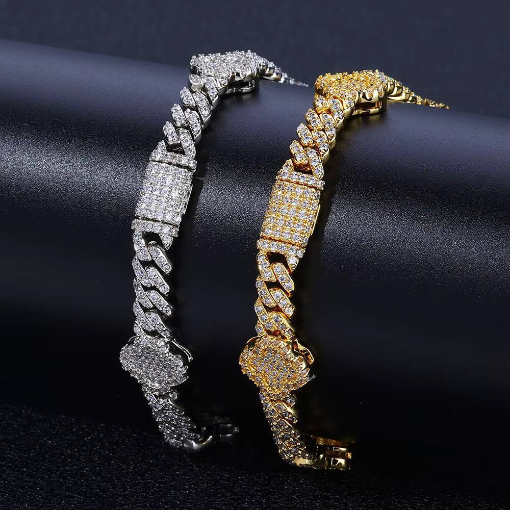 Moissanite Women Luxury 6MM Cuban Link Chain Bracelet with Four Leaf Clover White Gold Plated Diamond Prong Cuban Link Chain Jewelry