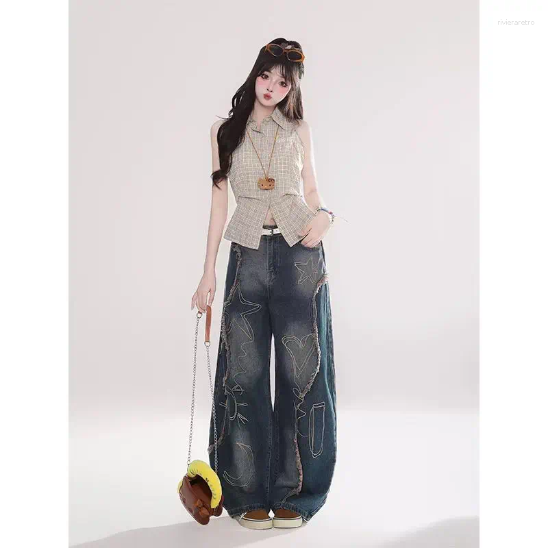 Women's Jeans Trendy Brand Heavy Industry Embroidery Rough Edge Scimitar Retro High Street Waist Loose Wide Legs Baggy Women Z260313