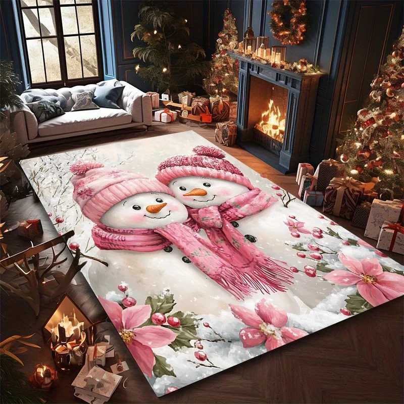 Christmas Snowman Print Area Rug with Pink Scarf - Non-Slip Crystal Velvet Carpet for Living Room Kitchen Bedroom and Home DeM251117