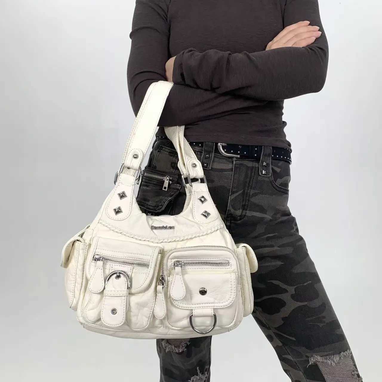 Y2K ladies vintage street shoulder bag with multiple pockets personalized rivet handbagW251117