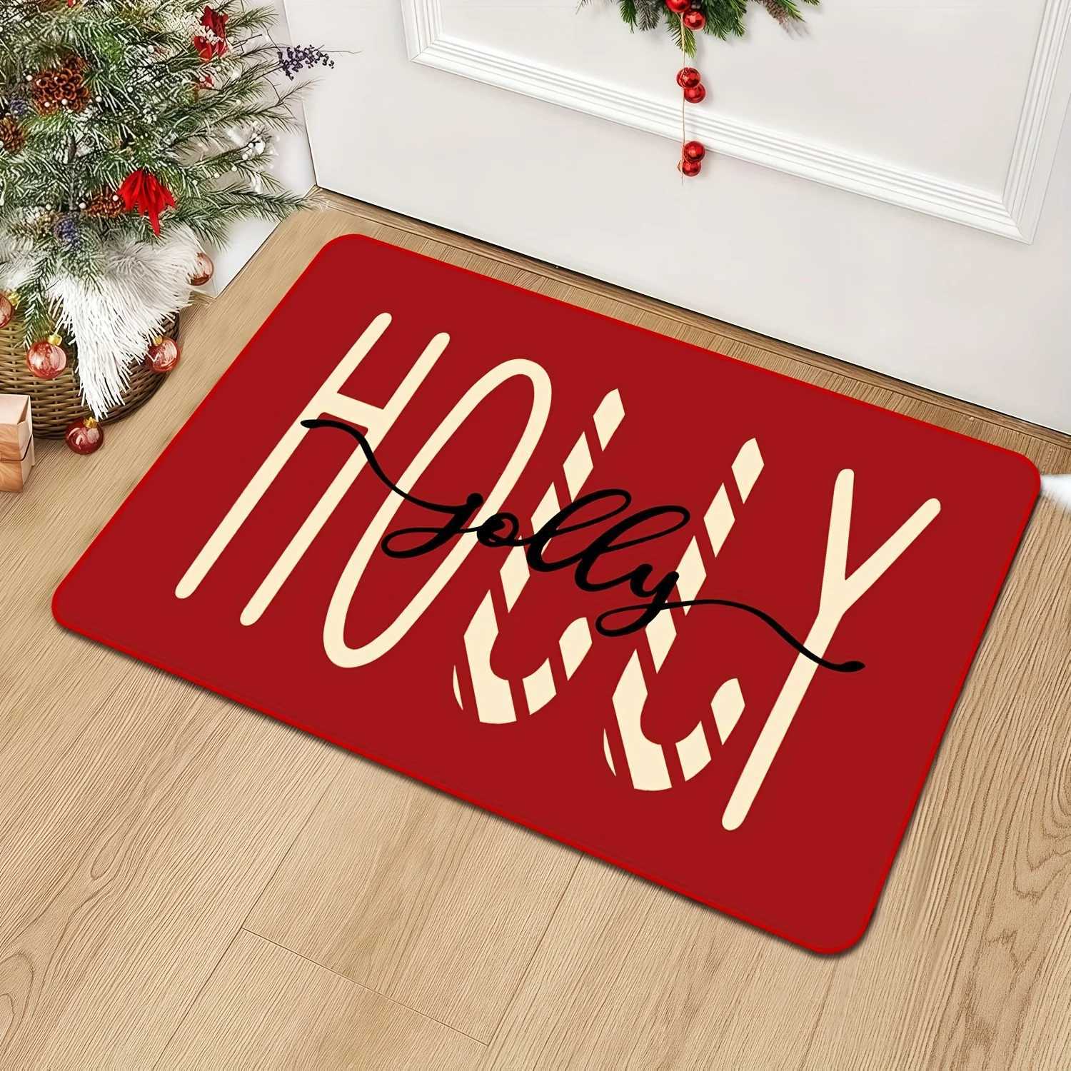 Holly Jolly Red Christmas Door Mat - Machine Washable Festive Candy Cane Snowflake Design Ideal for Winter Holiday DecorM251117