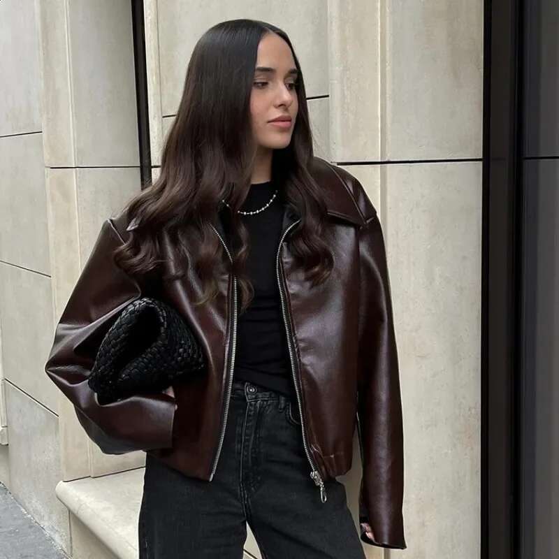 Elegant Chic New Long Sleeve Turn Down Collar Loose Coat Outwear Streetwear 2024 Autumn Winter Women Motorcyle PU leather Jacket