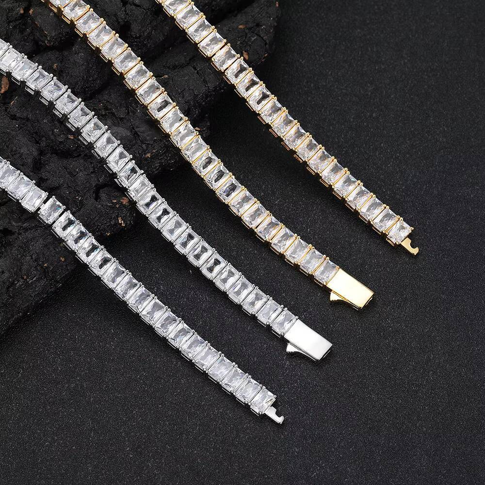Moissanite 18K Gold Plated 6MM Rectangular Zircon Bracelet Full Diamond Hip Hop Silver Tennis Chain Bracelet Fine Jewelry for Gift