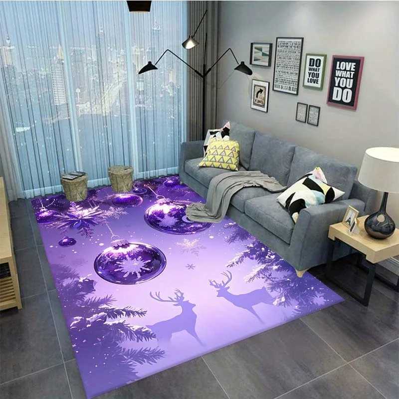 Large Purple Christmas Tree Reindeer Print Area Rug Polyester Anti-Slip Carpet for Living Room Bedroom and Play MatM251117