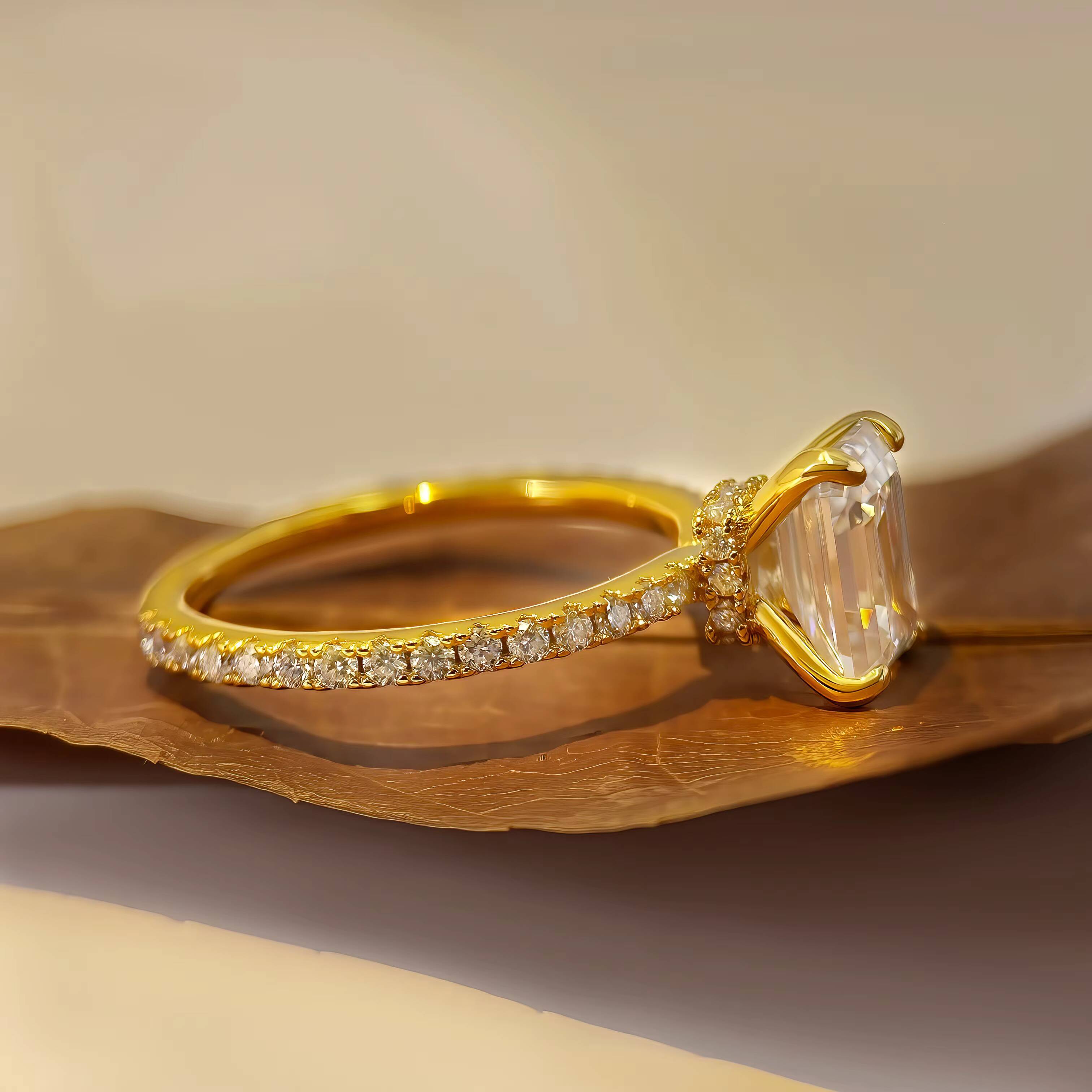 FOXI Engagement Solitaire Ring 13Ct Emerald Cut Diamond Women Ring Gold Plated 925 Sterling Silver Moissanite Ring