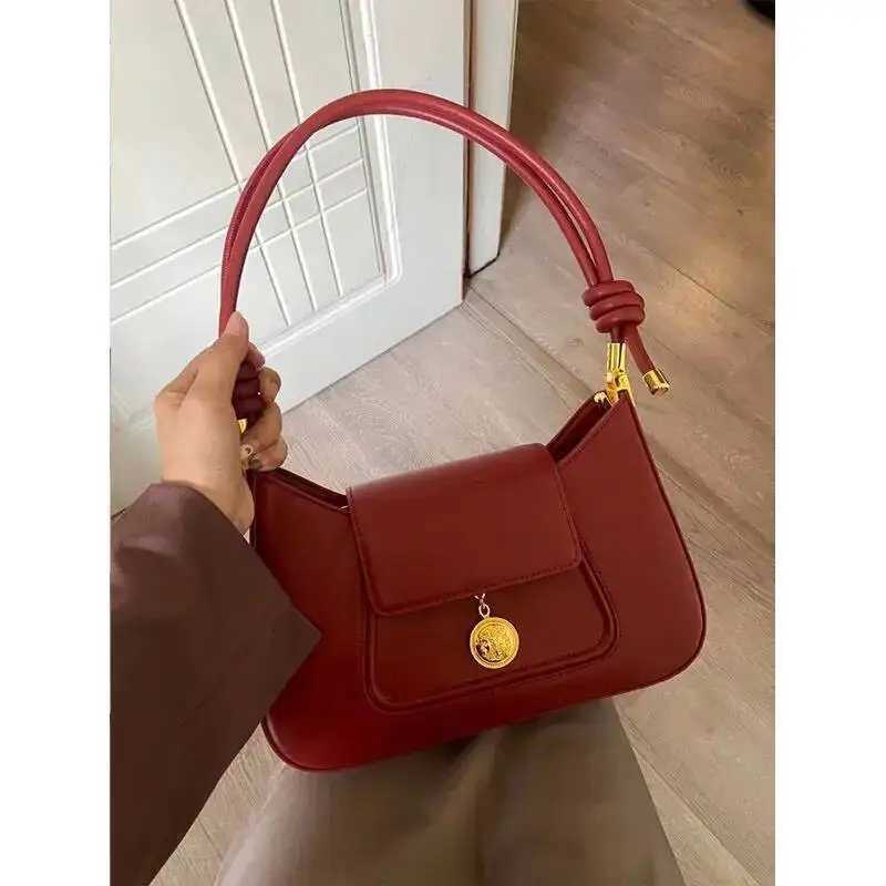 Bloom Vintage Red Y2k Handbag Women High Street Elegance Pu Leather Shoulder Ladies Retro Fashion Underarm Bag AestheticW251115