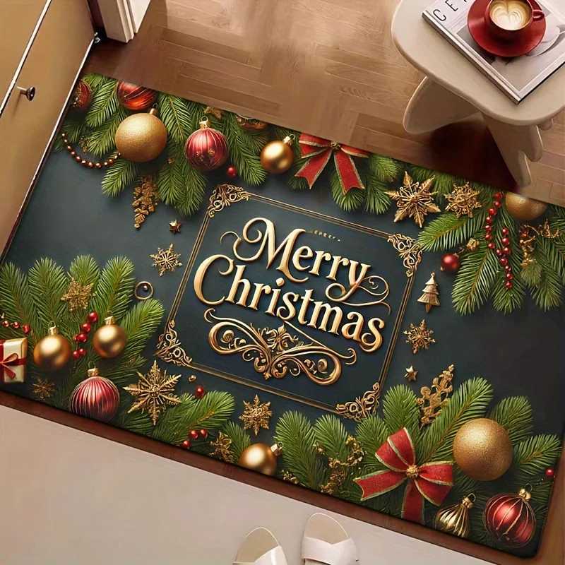 Merry Christmas Flannel Door Mat Carpet Festive Tree Ball Design Non-Slip Thick Sponge for Bedroom Kitchen Bathroom DecorM251117