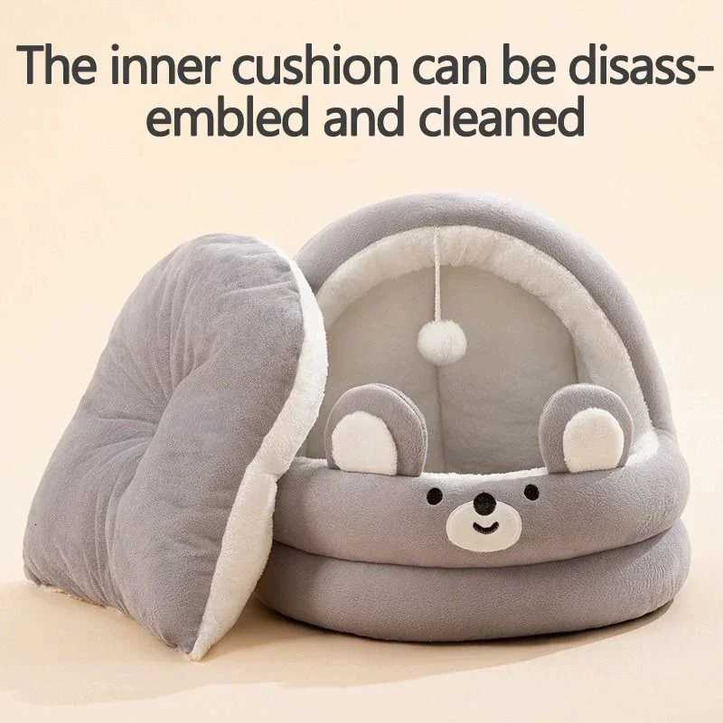 Cat Litter Bed Soft and Cozy with Plush Ball Semi-Closed Puppy Kitten Cave Bed Removable Cute Cartoon Pet LitterM251117