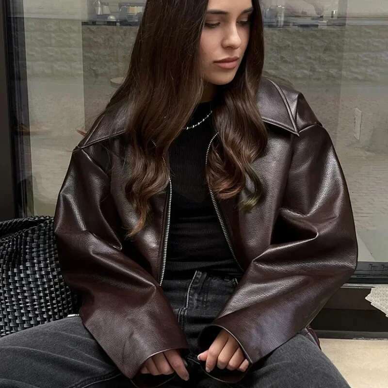 Elegant Chic New Long Sleeve Turn Down Collar Loose Coat Outwear Streetwear 2024 Autumn Winter Women Motorcyle PU leather Jacket