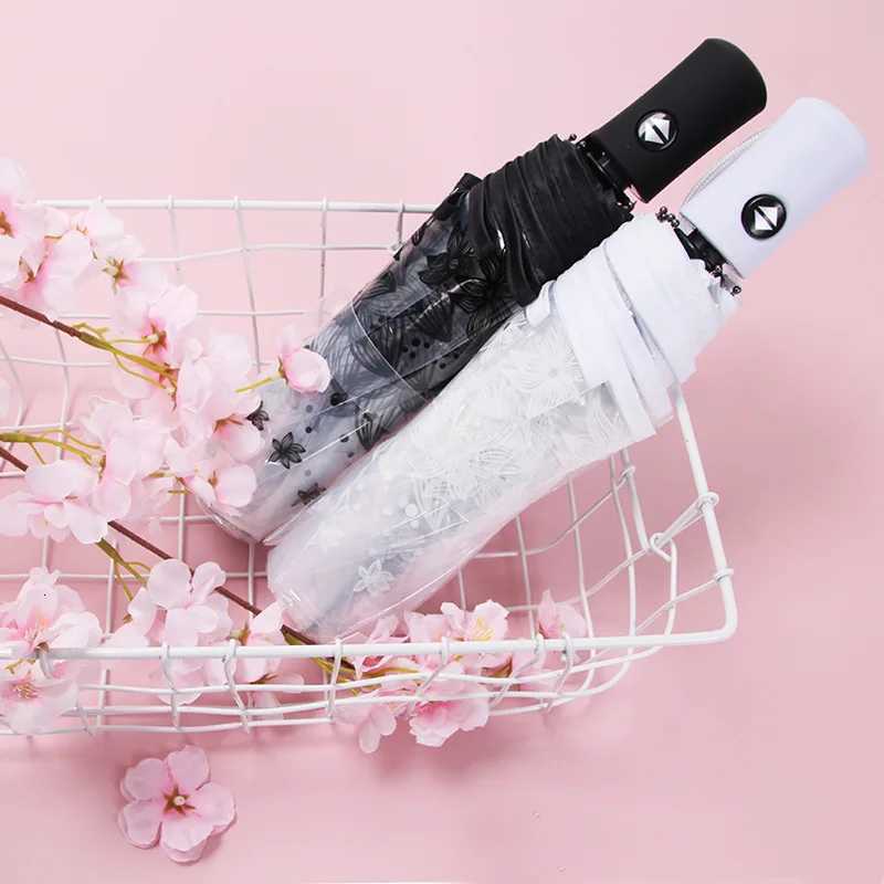 Transparent Thicken Three Fold Women Men Rain Umbrella Romantic PVC Clear Automatic Umbrellas Flower Printed Umbrella C251117