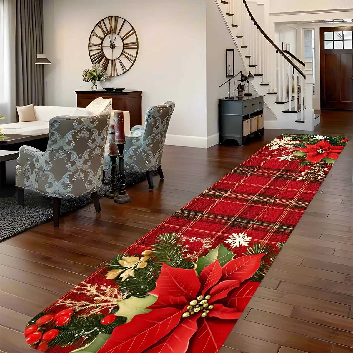 VIKAMA Christmas Light Red Plaid Pine Needle Corridor Carpet Running Non-Slip Carpet Bedside Sofa Side Cushion Home DecorationM251117