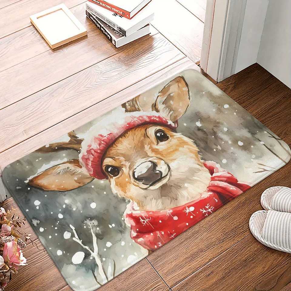 Festive Winter Deer Door Mat with Red Hat Scarf Design -Snowflake Pattern Non-Slip Mat for Christmas Home Entryway DeerM251117