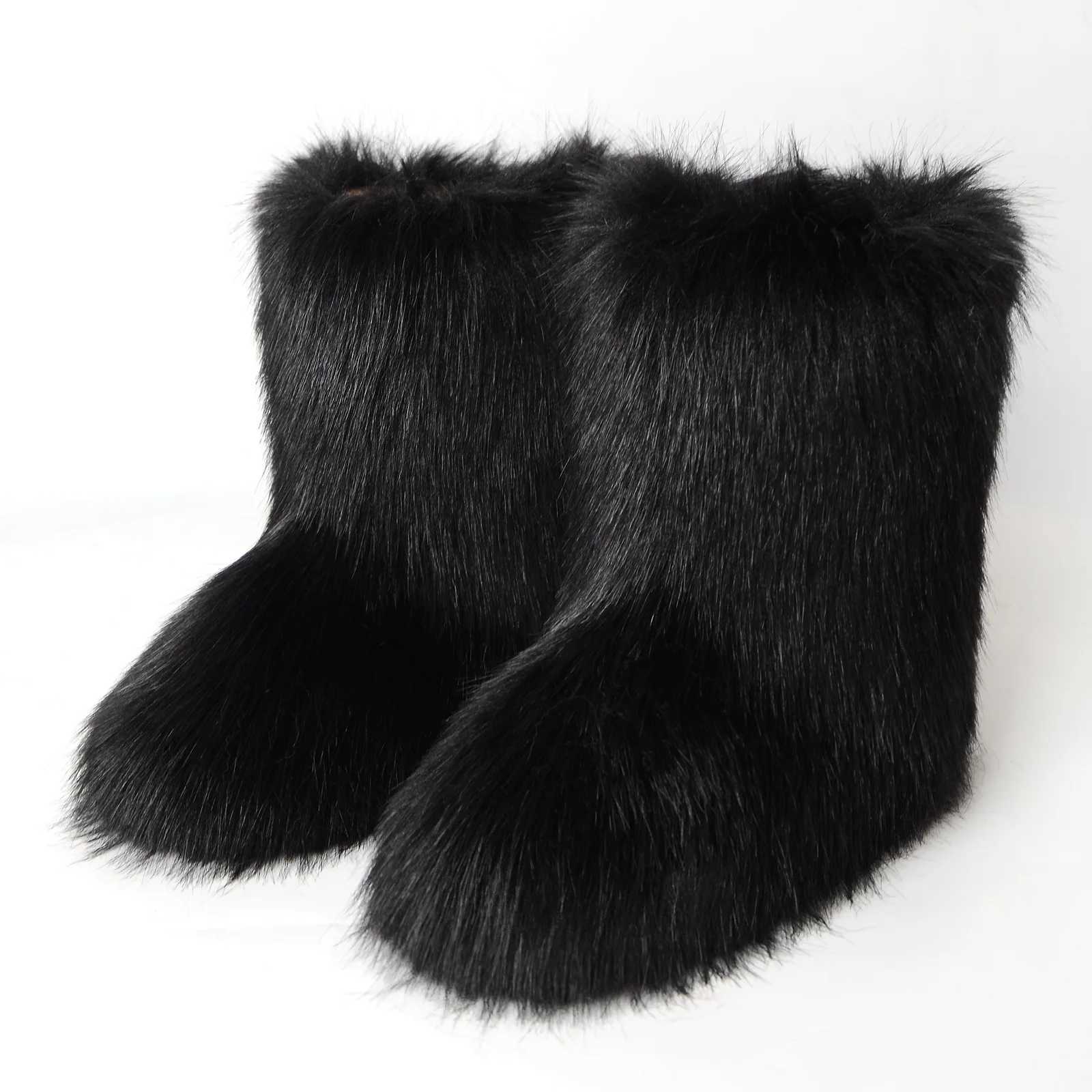 Wen Faux Fur Boots Winter Fluffy Plush Warm Mid Calf Snow Boots Luxury Fion Furry Boots Cfortable Outdoor Flat Shoes Y251117